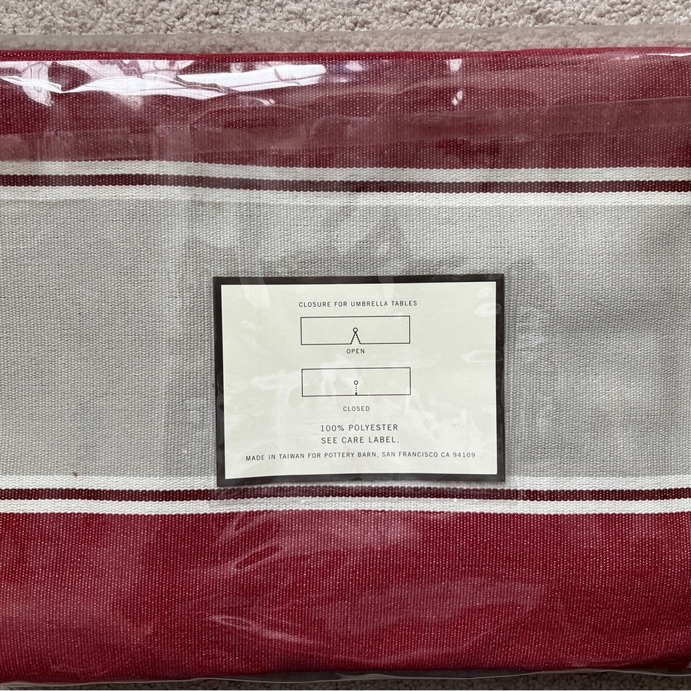 BRAND NEW Pottery Barn Awning Stripe Umbrella Tablecloth - Red/burgundy & Tan - Picture 3 of 4